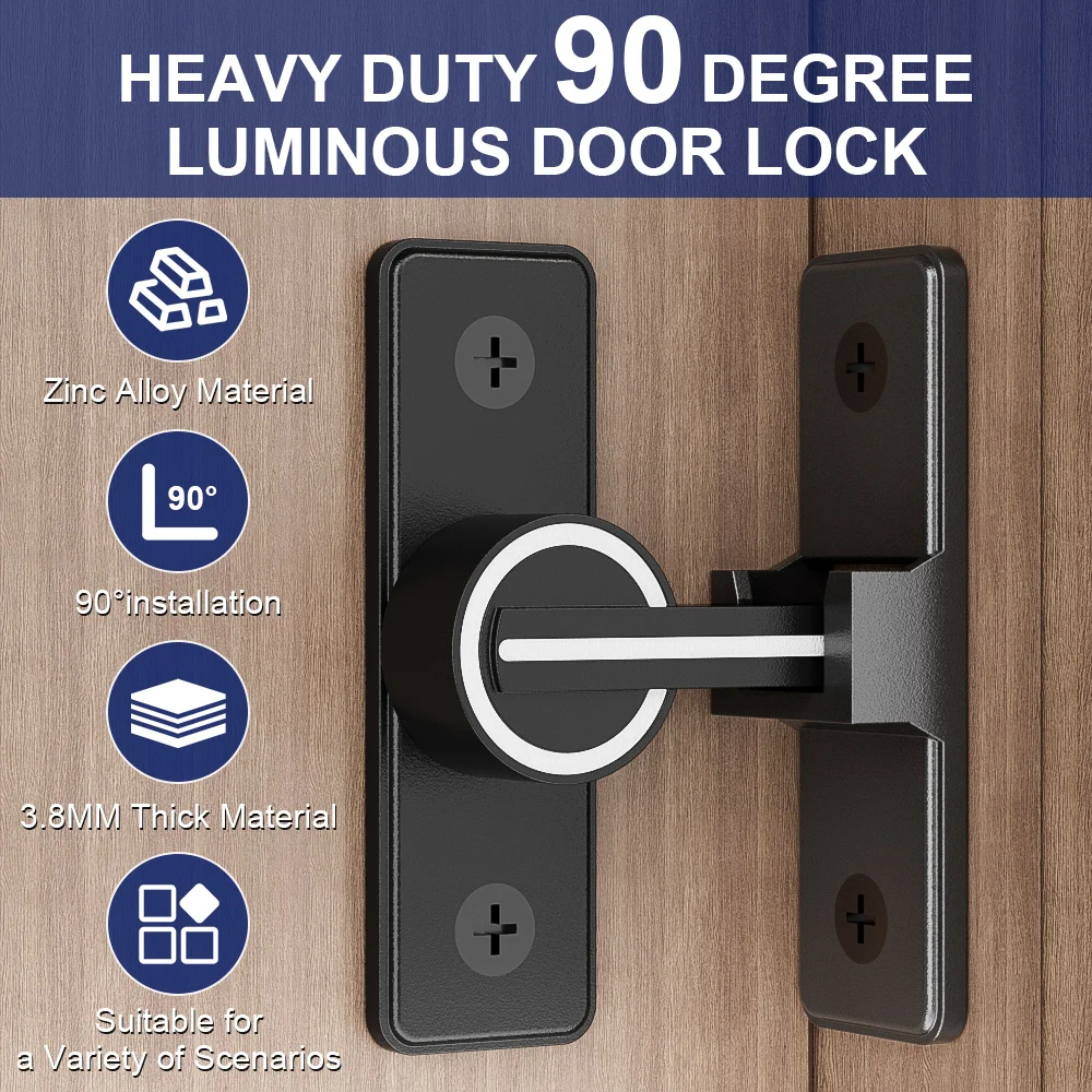 Barn Door Lock, Luminous 90 Degree Door Latch Heavy Duty Gate Latch Safety Bolt Lock, Sliding Barn Lock