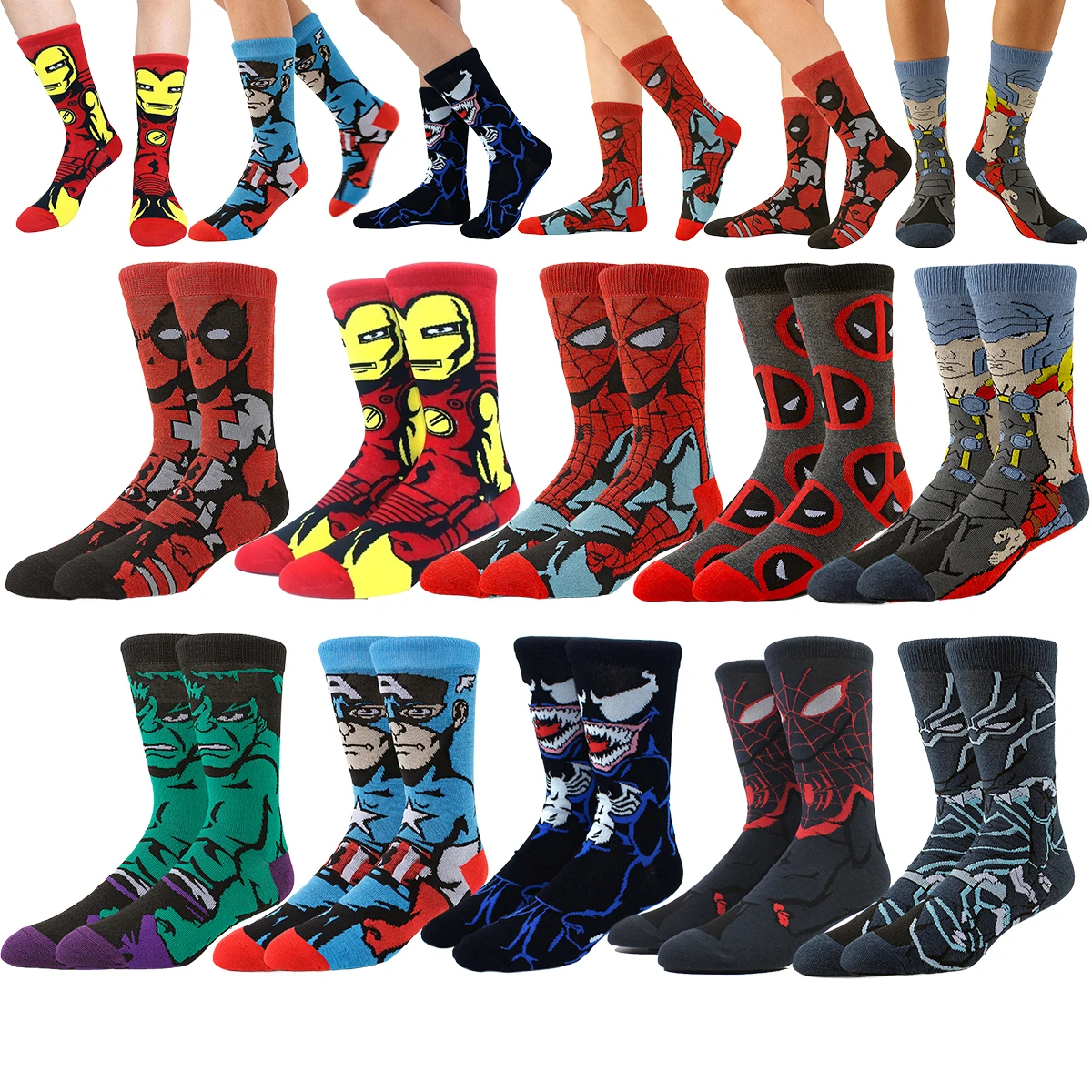 Disney Spiderman Hulk capitaine américain Venom Thor mignon dessin animé chaussettes pour hommes femmes Hip Hop drôle nouveauté chaussettes