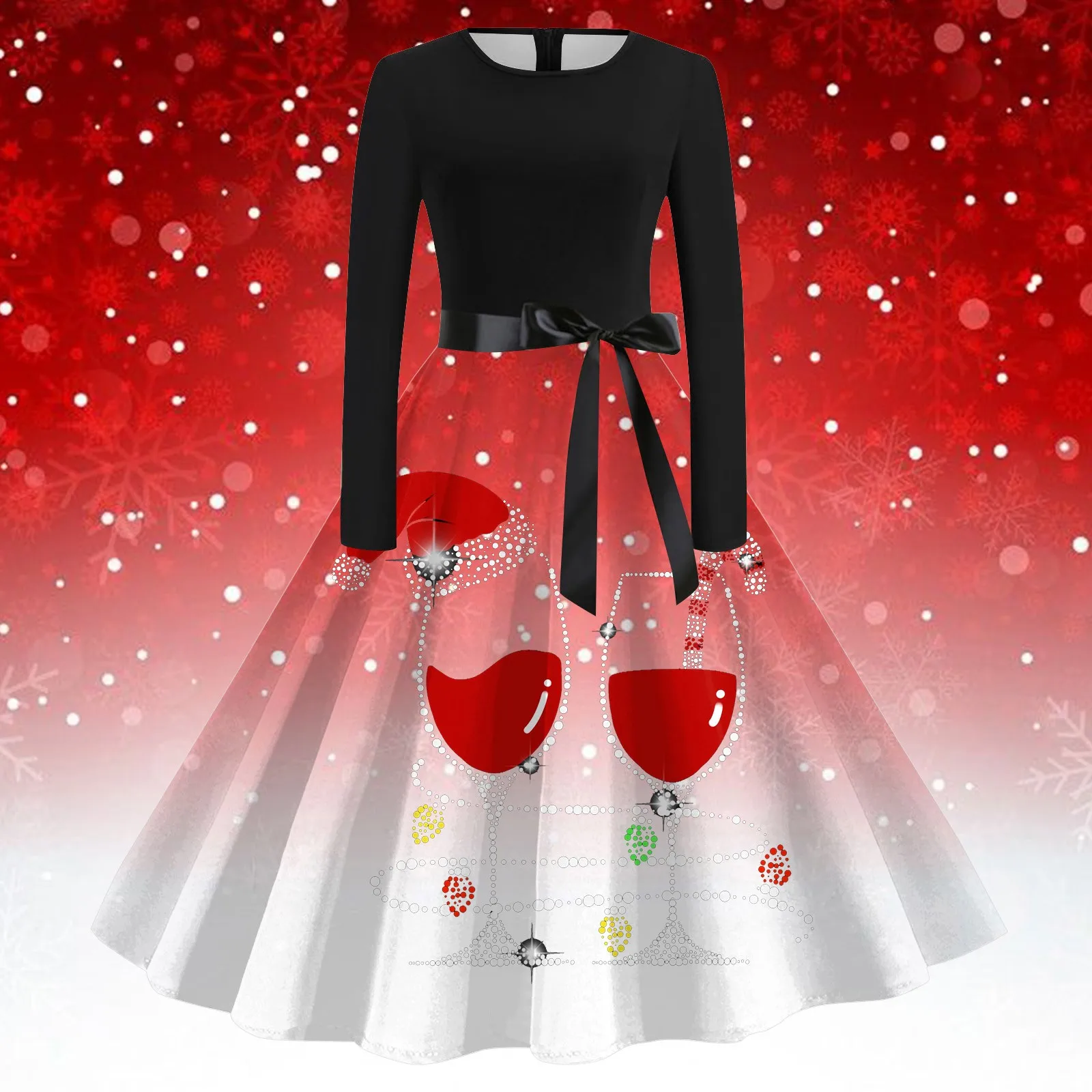 

Vintage Womens Long Sleeve Round Neck Dress Christmas Print Waist Slim Dress New Fashion 50s 60s Housewife Evening Party Prom
