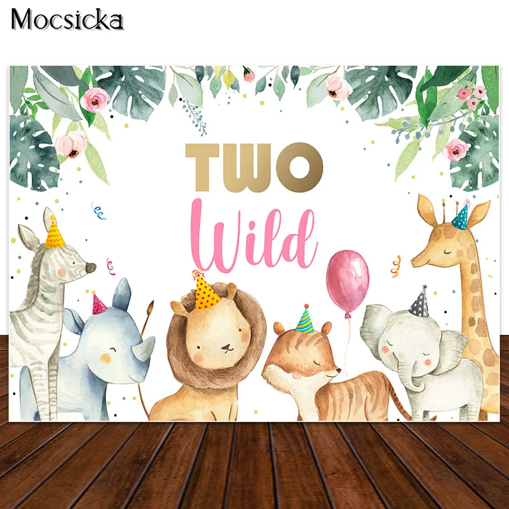 Mocsicka Girl Two Wild Backdrop Jungle Safari Animals 2nd Birthday Photography Background Cake Dessert Table Decor Banner