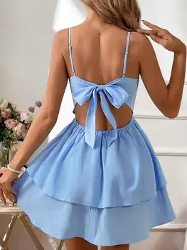 Summer Women's Light Blue Italian Thin Strap Layered Mini Dress Is A Sexy and Cute Short Party Dress 4