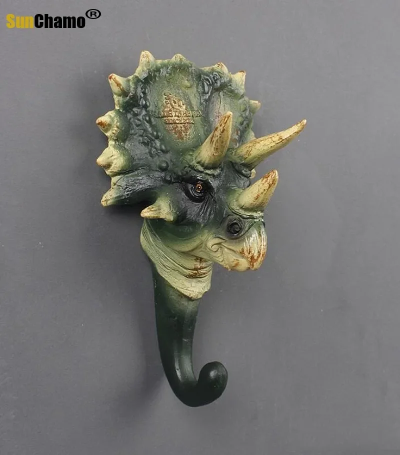 Jurassic Dinosaur Wall Hanging, Creative Resin Animal Model, Dinosaur Coat Hooks, American Decorative Hook, Triceratops 3
