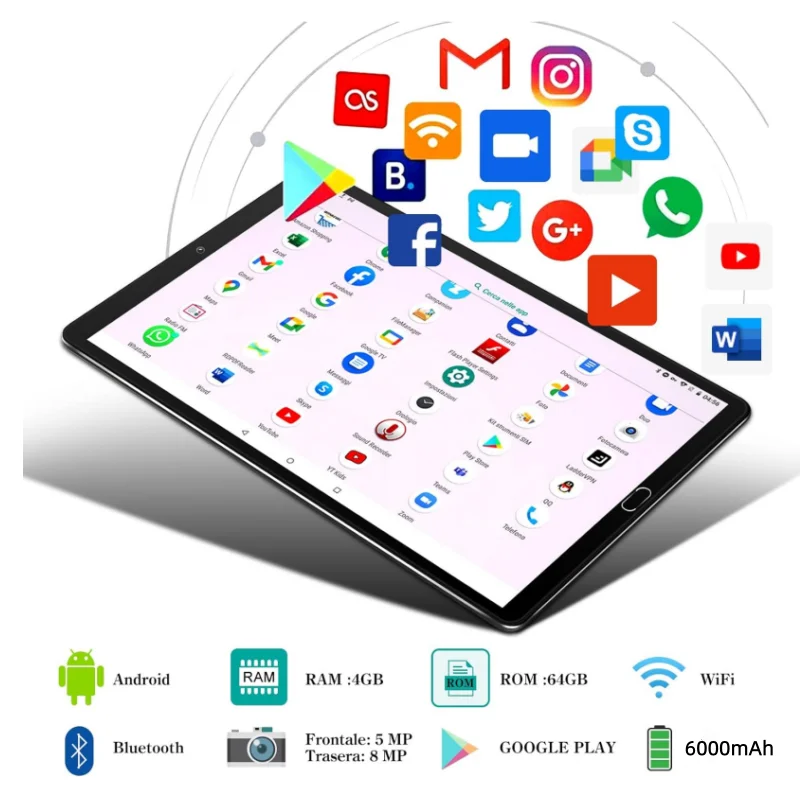 10.1인치 안드로이드 10 태블릿 PC 4GB 램 64GB 롬 1280*800 IPS 듀얼 카메라 WIFI MTK6753 프로세서 옥타코어 6000mAh 배터리
