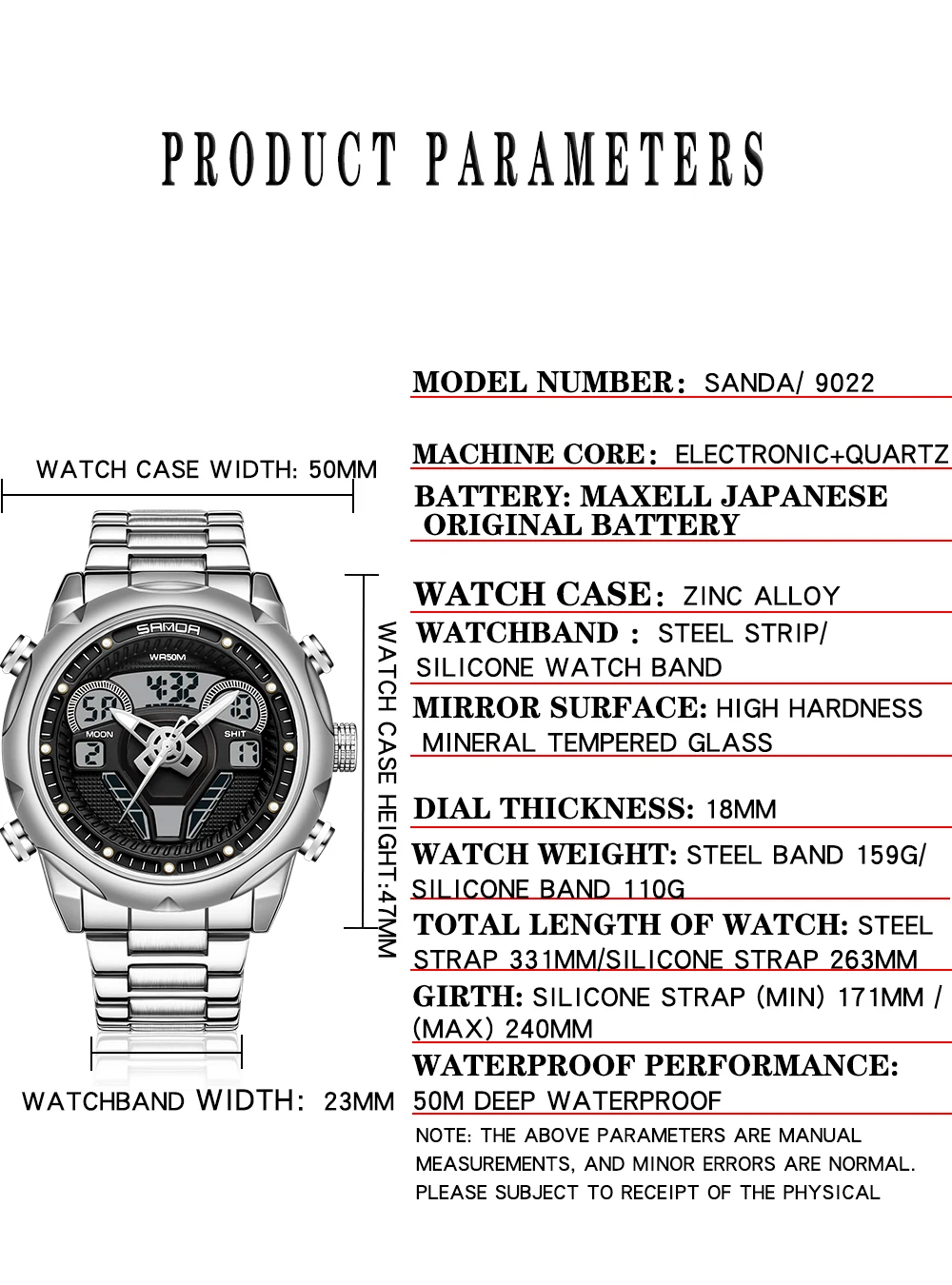 SANDA New Product Dual Display Watch For Men Multifunctional Fashion Sports Watch Luminous LED Electronic Watch Waterproof Clock