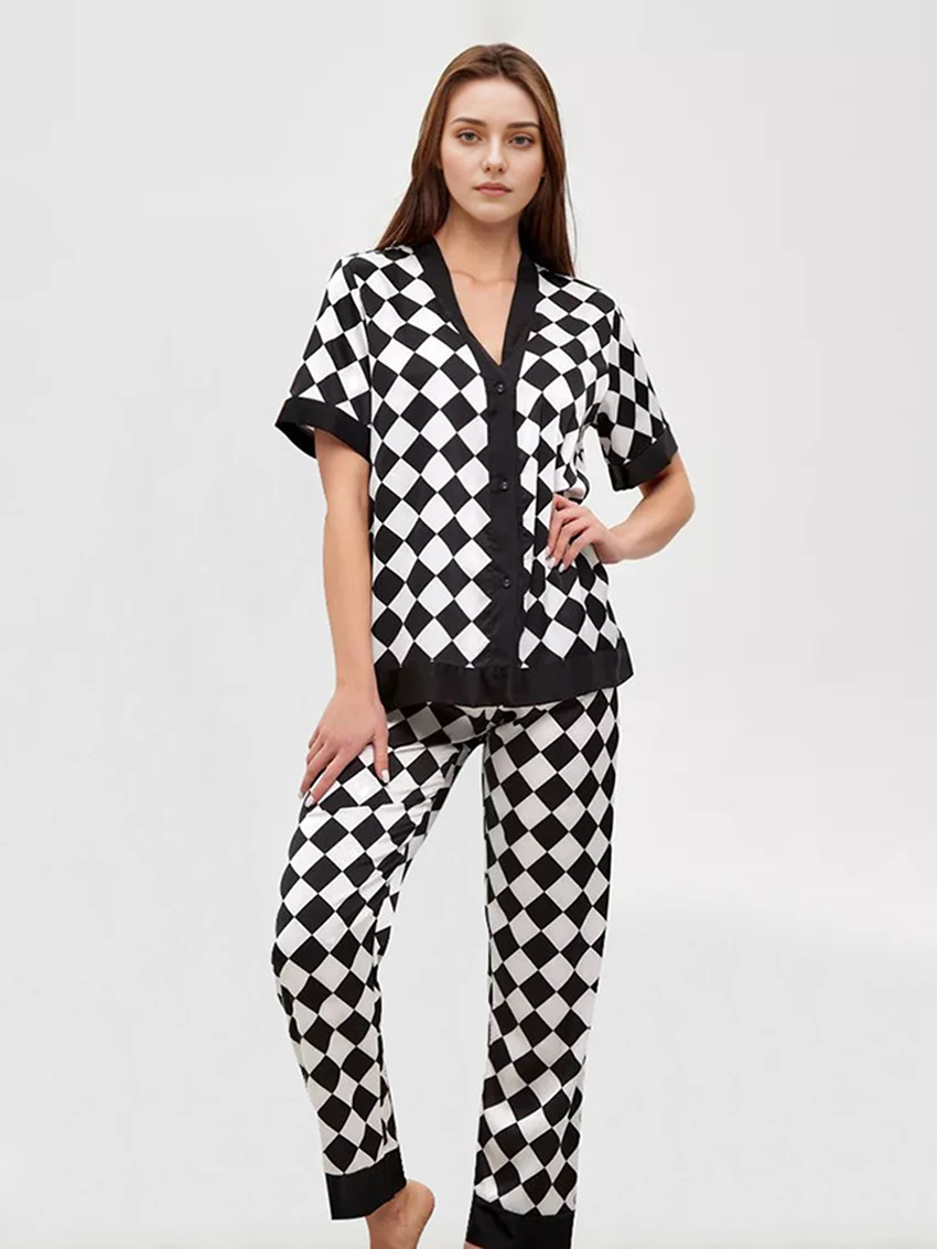 Marthaqiqi Fashion Ladies Nightwear Suit Sexy V-Neck Sleepwear Short Sleeve Nightgowns Pants Summer Casual Women'S Sleepwear Set