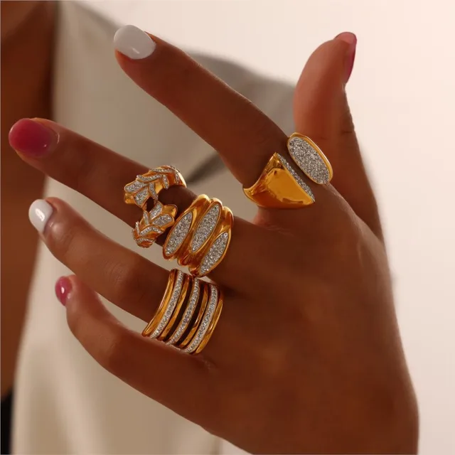 Waterproof Stainless Steel Gold Plated Ring For Women Inlaid Zircon Women's Geometric Golden Rings High-End Luxury Jewelry Woman 3