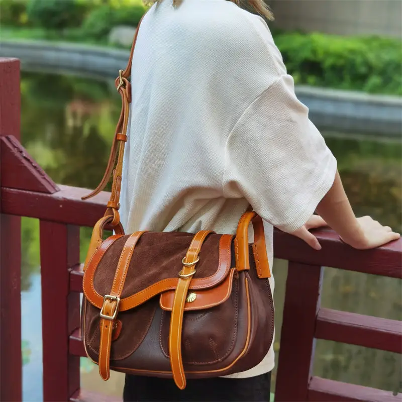 

American Heavy Industry Vegetable Tanned Cowhide Saddle Bag High Quality Genuine Leather Large Capacity Shoulder Crossbody Bag