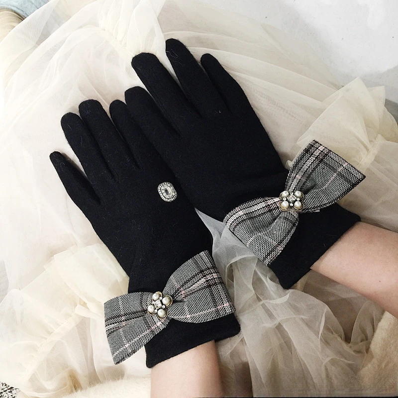 2020 Jesień/Zima Nowe Podzielone Palce Cookie Brytyjski Wzór Kokarda Styl Wełna Kaszmir Rękawiczki dla Kobiet_voghion.com