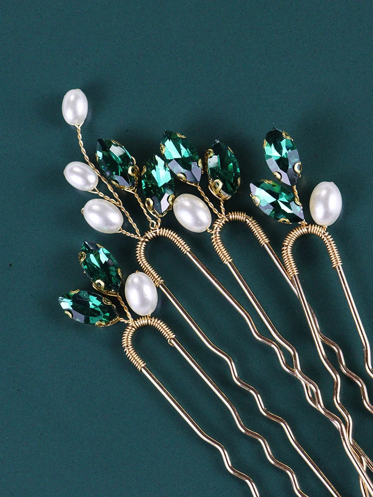 4PCS Hair Pins for Women Head Jewelry Wedding Hair Accessories Green Red Rhinestone Handmade Bridal Headwear Prom Bride Headwear