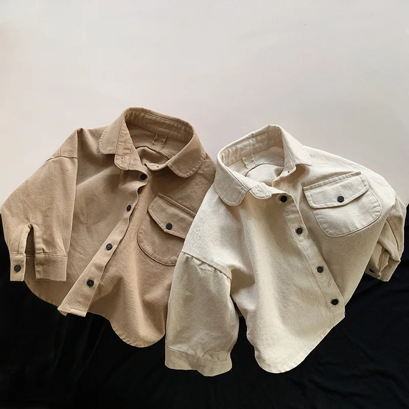

2024 Korean Spring Autumn Toddler Boys Shirts Cotton Solid Vintage Turn Down Collar Tops Single Breasted Patched Pocket Outfits