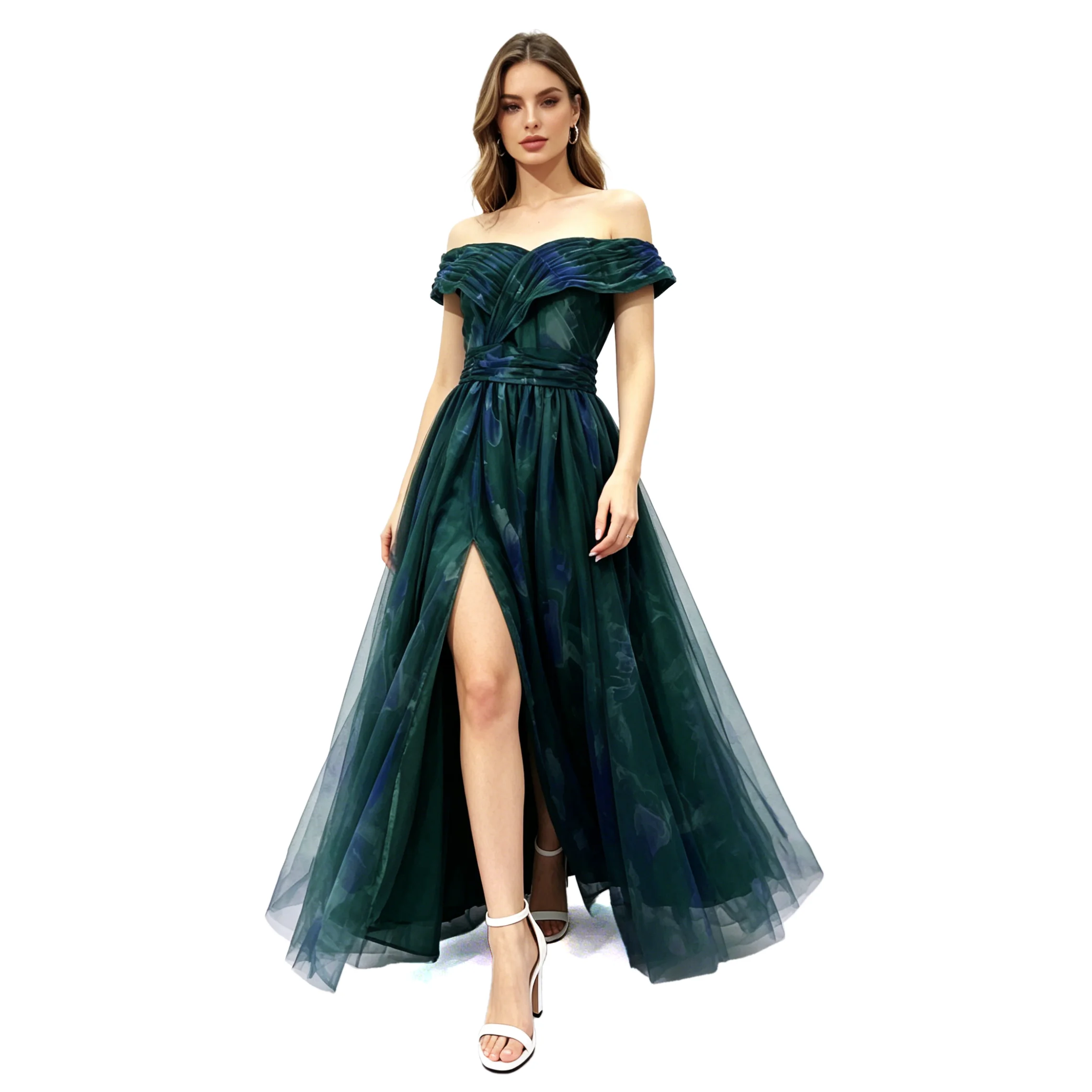 Elegante Abito da Sera per Donna, Vestito Lungo in Tulle Plissettato con Spalle Scoperte e Volant, Spacco Alto, Outfit Formale per Banchetti, Feste, Vacanze e Roleplay
