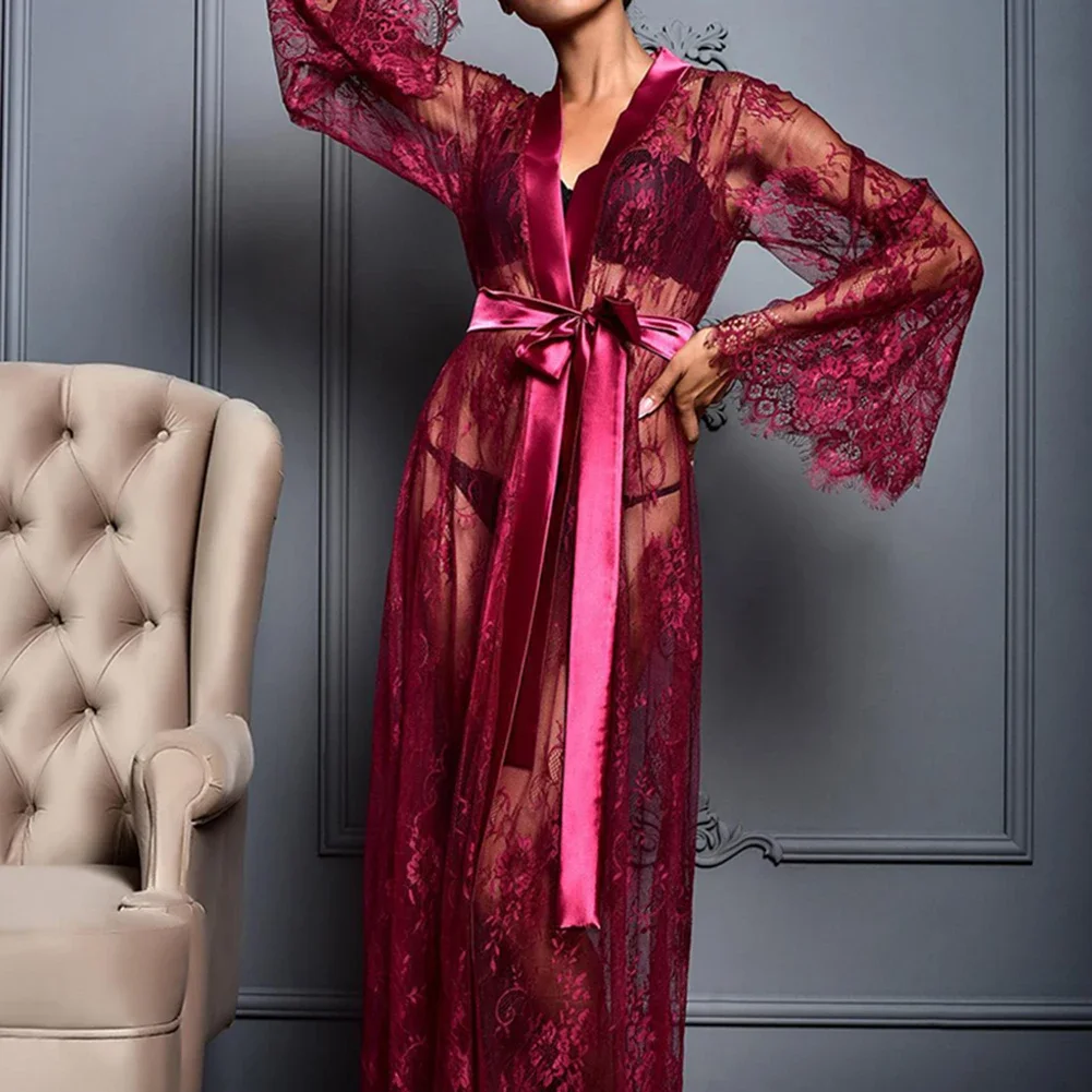 Sexy Womens Lingeries Long Lace Mesh See Through Sleepwear Nightdress Babydolls Nightgown Robes Pajamas Loungewear