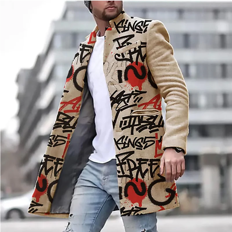 

Men's Coat With Pockets Daily Wear Vacation Going out Single Breasted Turndown Streetwear Casual jacket Outerwear Letter khaki