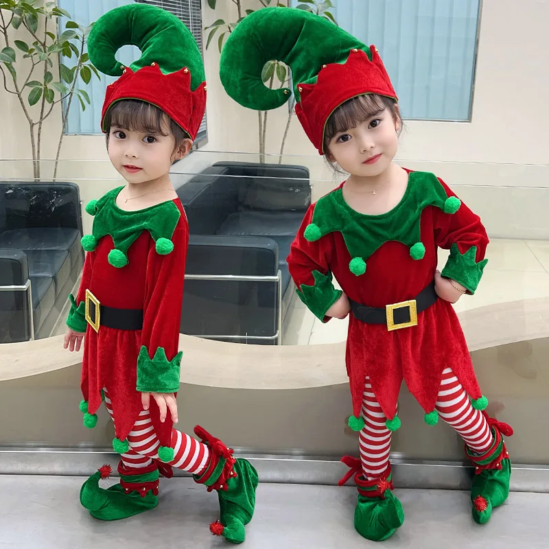 

Детская Новогодняя одежда эльфа 2023, комплект зеленой шляпы Санта-Клауса для девочек, детская мечта, фотография