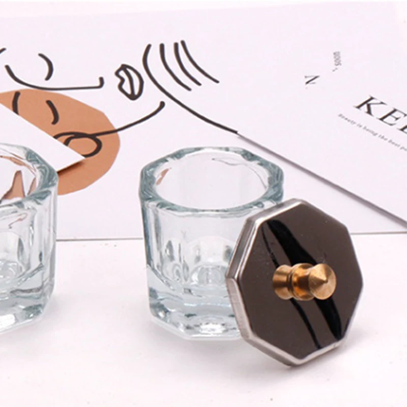 Thick Glass Crystal Dappen Dish Cup with Octagon Metal Lid Nail Art Tools Nail Acrylic Monomer Container Liquid manicure tools
