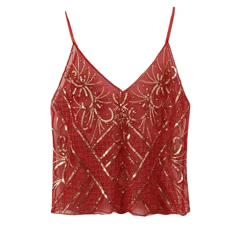 Trendy Sequins Beads Flower Pattern Vests Women's Sleeveless Open Back V Neck Camisoles See-Through Chic Summer Camis