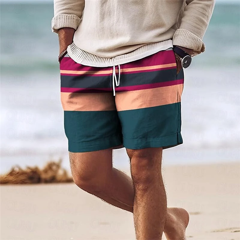 

Stripe Colorful 3D Printed Short Pants For Men Clothes Color Splicing Beach Shorts Harajuku Fashion Vacation Hawaiian Bermudas