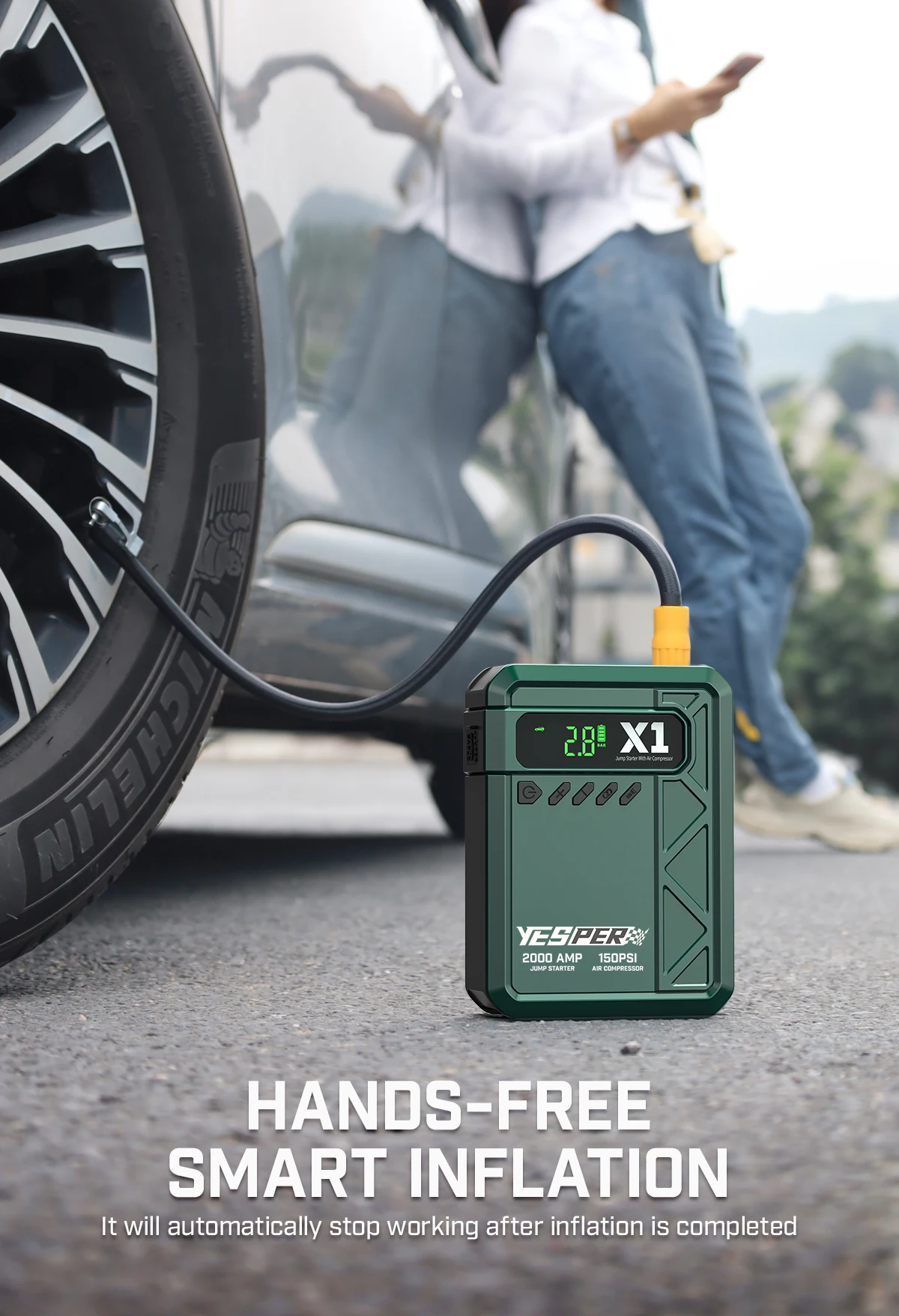 YESPER Jumper Box For Car Battery portable with Air Compressor 150Psi Digital Tire Inflator 2000A Peak 12V Battery Jumper Pack