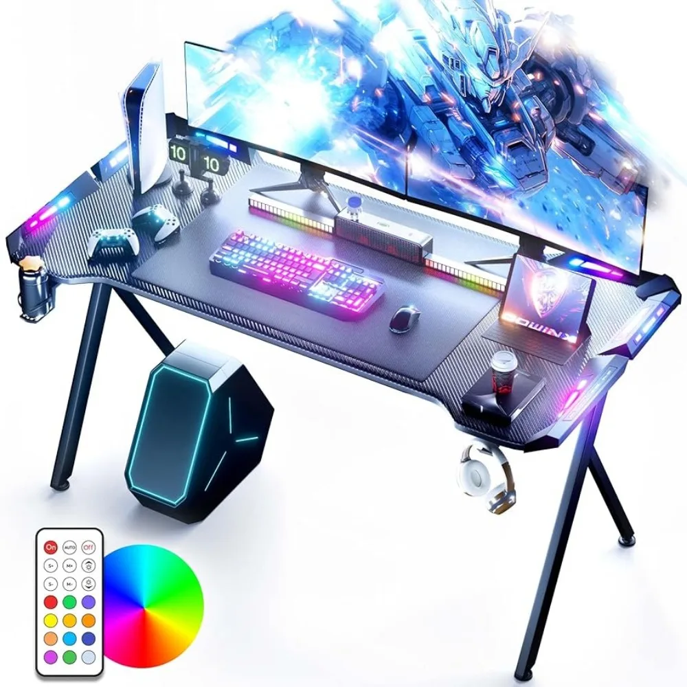 

Gaming Desk with LED Lights,RGB Gaming Computer Table Carbon Fibre Surface,LED Office Desks with Remote Control,63 Inch,Black