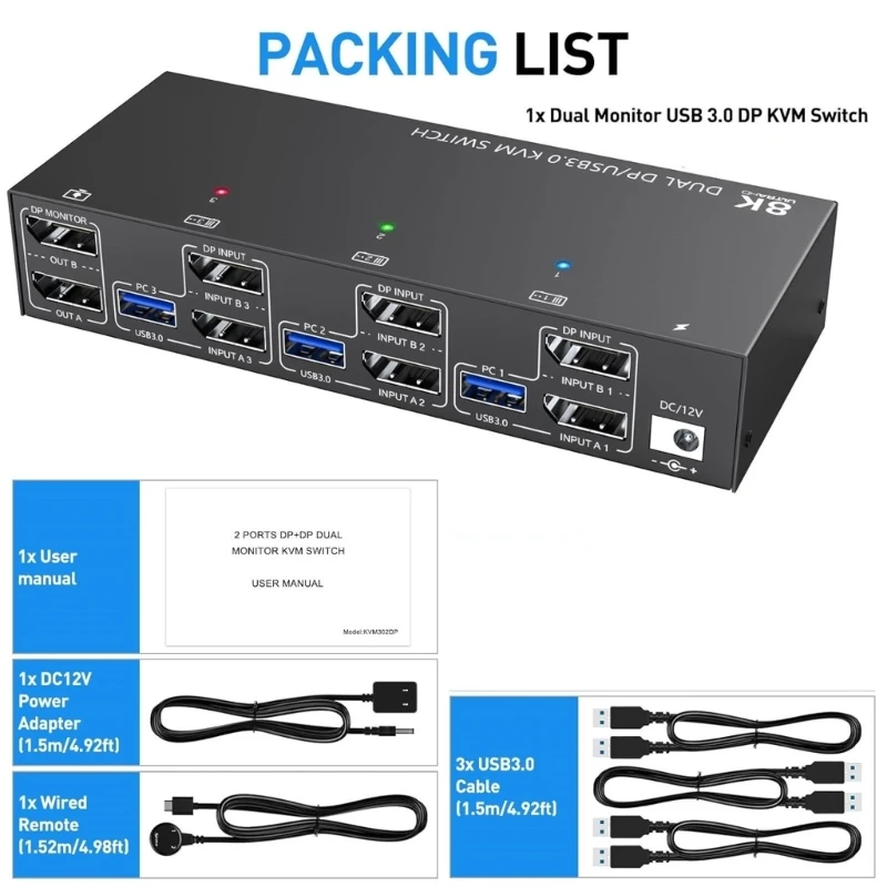 

2023 New Reliable 8K USB3.0 Displayport KVM Switchs for Stable Control KVM Switches