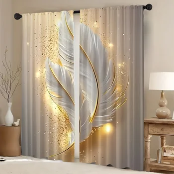 Gold Feather Print Curtain Set 1