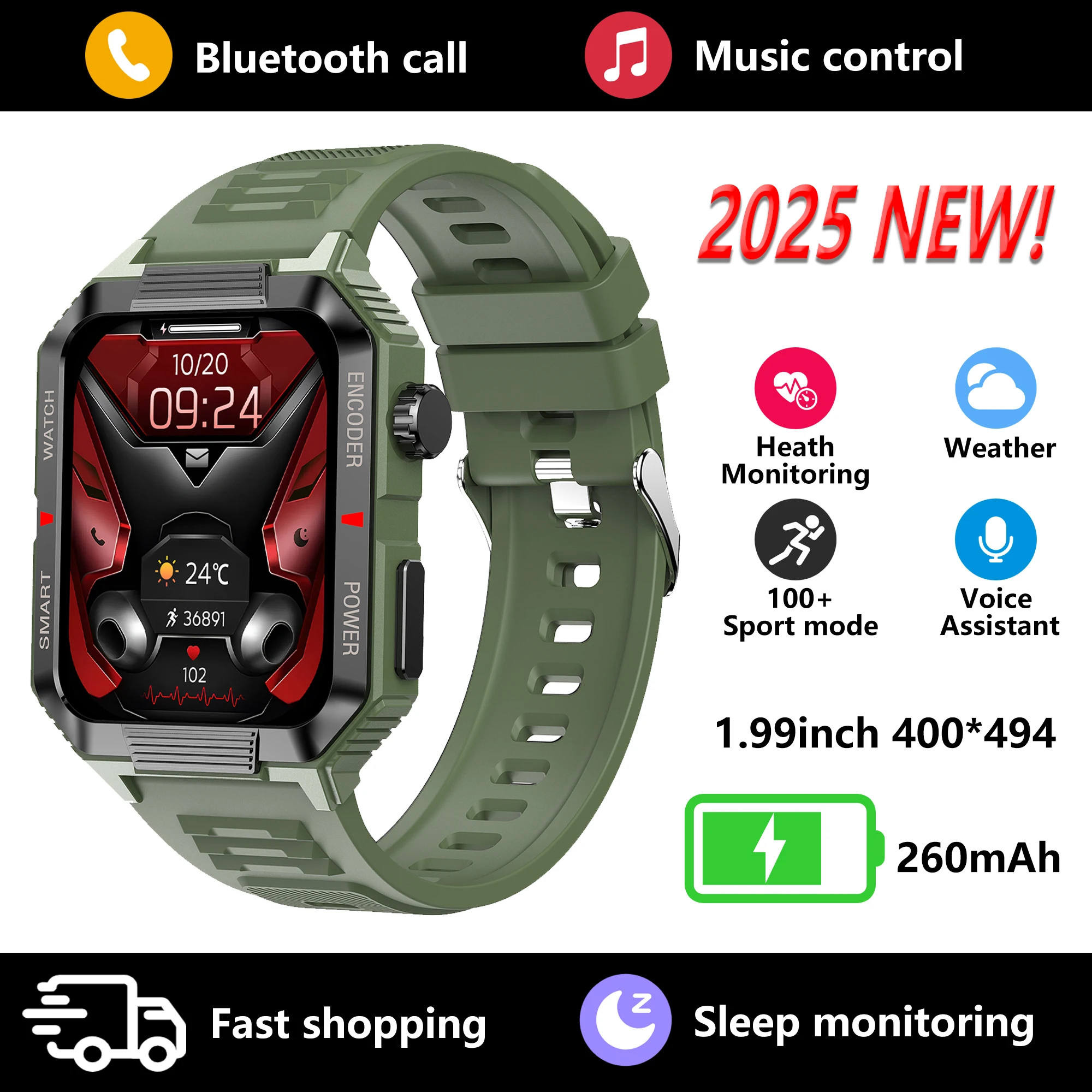 2025 novo relógio inteligente, monitoramento de saúde completo, suporte para chamadas Bluetooth, tela grande de alta definição de 1,99 polegadas