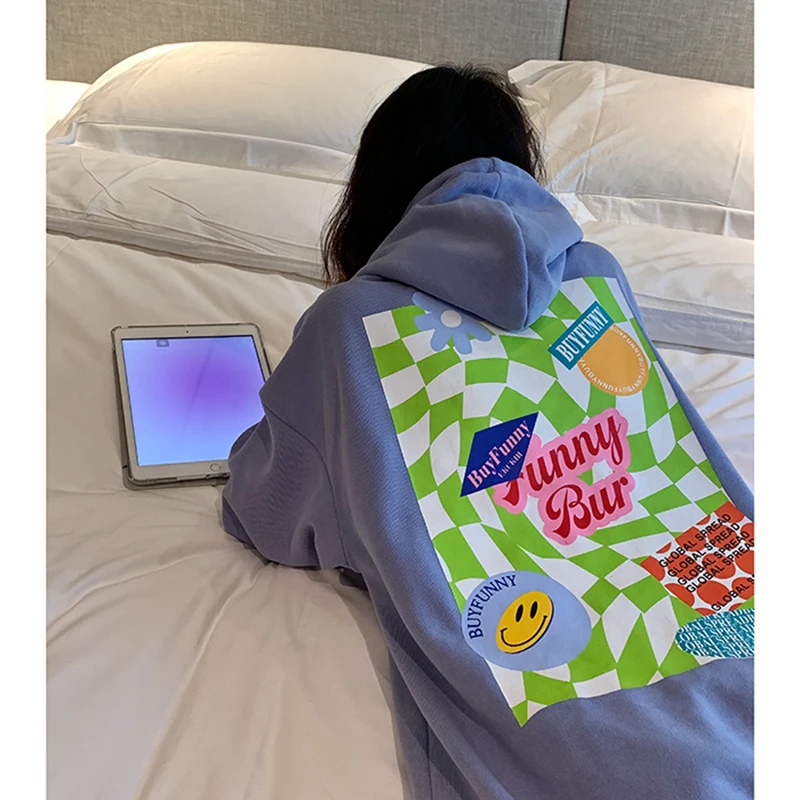 

Женская одежда y2k, фиолетовая синяя уличная толстовка, толстовка с капюшоном и мультяшным принтом, повседневные Теплые Мешковатые Женские топы с длинным рукавом, осень 2022