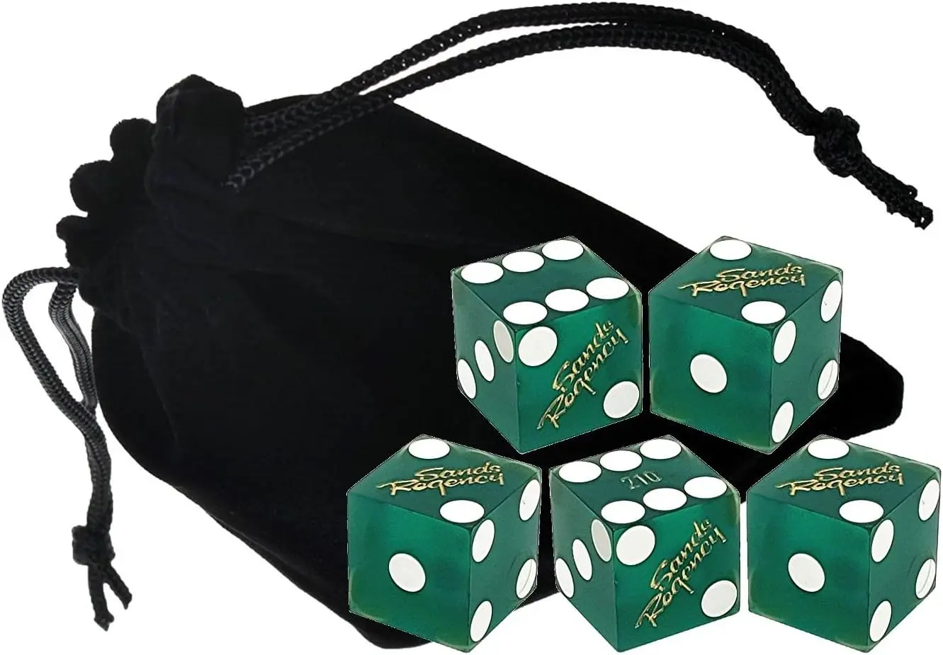 

Set of 5 Authentic Sands Regency Reno Nevada Casino Table-Played 19mm Craps Dice Green Frosted with Matching Serial Numbers