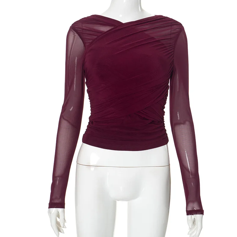 Fashion Spring and Summer New Women's Sexy Mesh Pleated Long-sleeved T-shirt Elegant V-neck Solid Color Casual Short Blouse