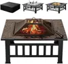 32 inch Metal Outdoor Fire Pit Table Multiuse Square Patio BBQ Firepit with Spark Screen Lid and Waterproof Cover for Camping 1