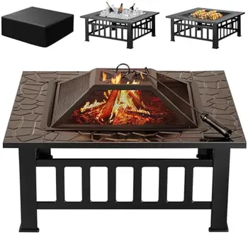32 inch Metal Outdoor Fire Pit Table Multiuse Square Patio BBQ Firepit with Spark Screen Lid and Waterproof Cover for Camping 1