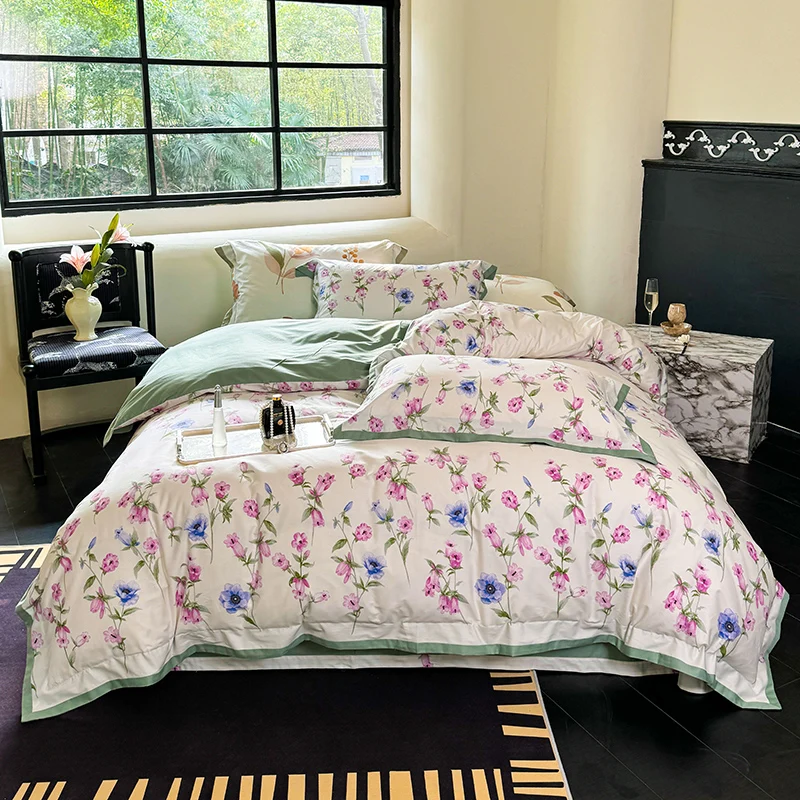 

Flower Print Bedding Set, 600TC Egyptian Cotton, Soft Duvet Cover Set, Bed Sheet, Pillowcases, Luxury Bed Sets, King and Queen