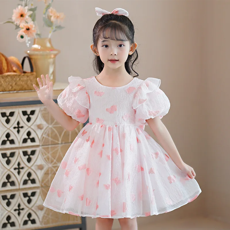 

Kid Girls Pink Butterfly Print Dress Princess Party Birthday Short Sleeve Dresses Summer Clothing