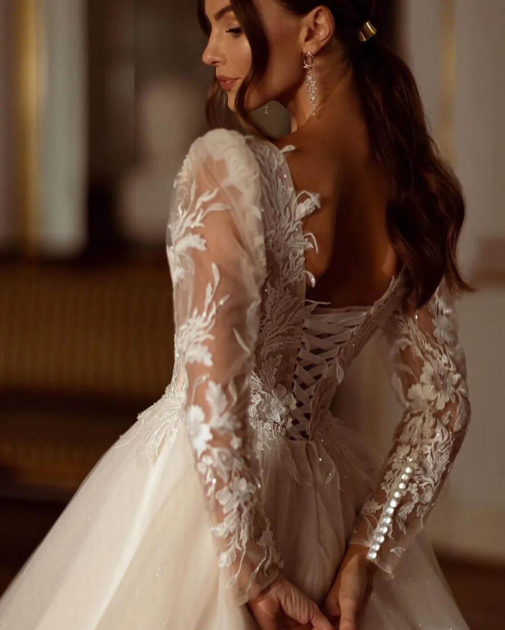 SoDigne 반짝이 샴페인 웨딩 드레스 긴 소매 아플리케 레이스 신부 드레스 Tulle 맞춤형 신부 가운 vestidos de novia