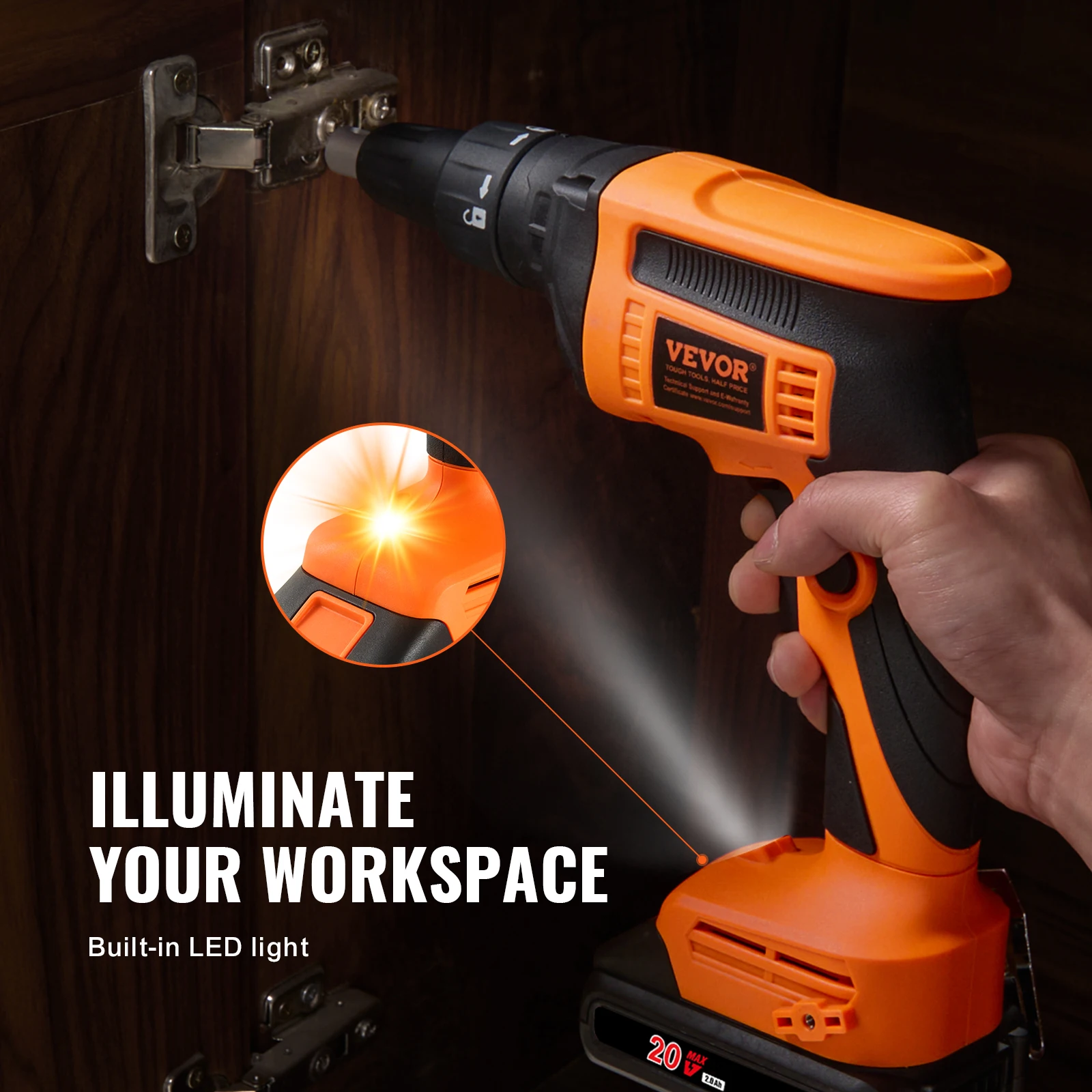 VEVOR Drywall Screw Gun 20V Max Drywall Screwgun 4200RPM Brushles Cordless Drywall Gun Kit Reverse Adjustable Built-in LED Light 6