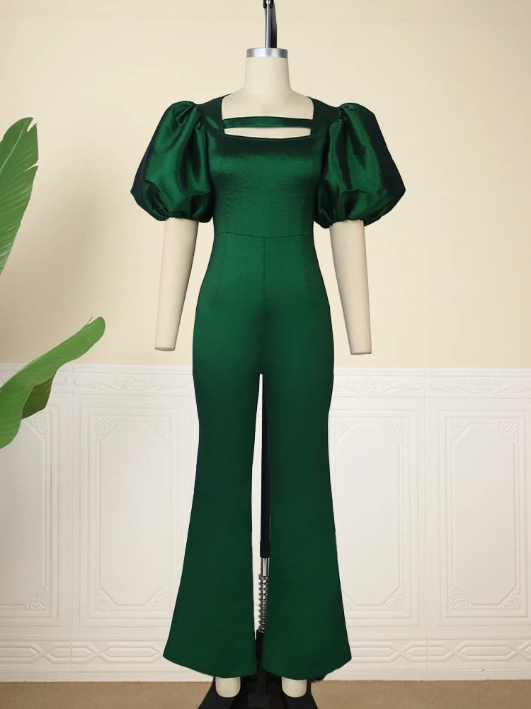 Green Jumpsuit Woman 2024 Shiny Bodycon Sexy Party Romper Short Puff Sleeve Slim Fit High Waist Big Size Formal Occasion Overall
