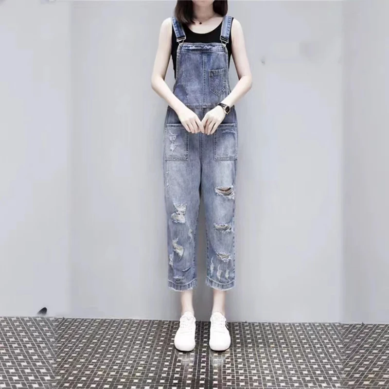 유럽 스타일 여성 찢어진 데님 점프 슈트, 2023 여름 새로운 스파게티 스트랩 포켓 캐주얼 전체 Playsuit Rompers