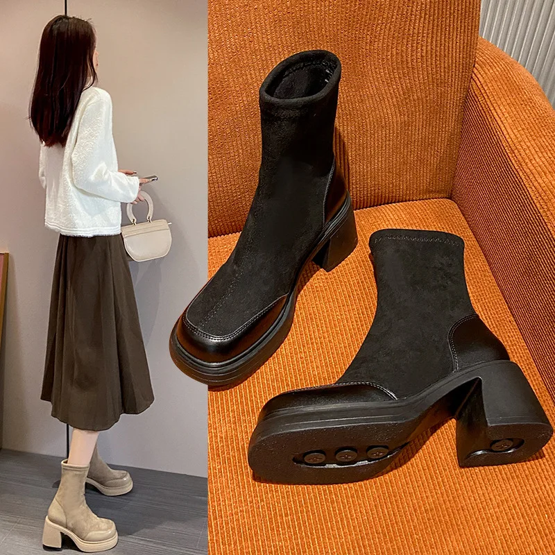 Short Shoes for Woman Black Women's Ankle Boots Sock Footwear Combat Booties Very High Heels Suede Punk Style Heeled Autumn Boot