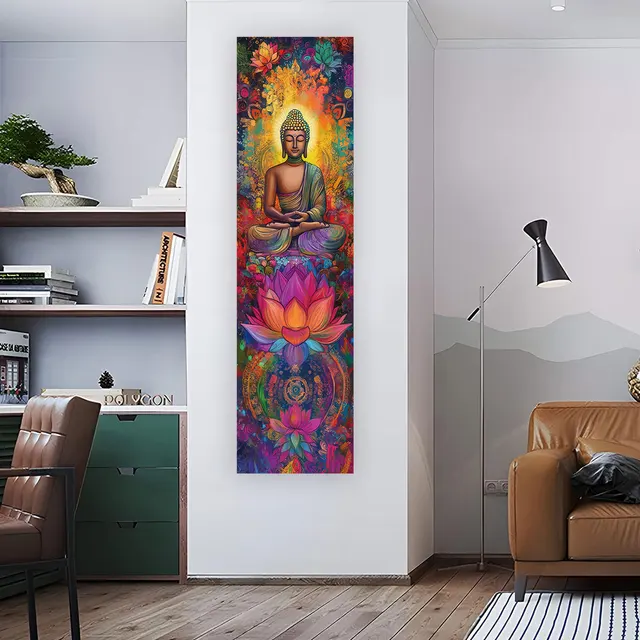 Statues de bouddha et décoration murale de Lotus, tapisserie verticale Mandala colorée, tenture murale, méditation, Religion, Art 3