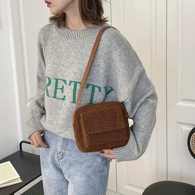 Women's Plush Lambswool Crossbody Bag - Soft Faux Fur Shoulder Purse, Winter Fashion Fluffy Handbag, Designer Mini Bag