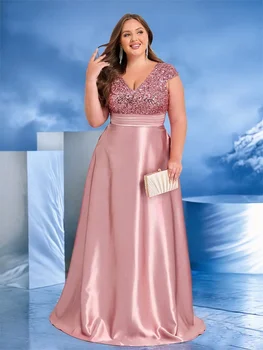 فستان سهرة أنيق مقاس كبير برقبة على شكل حرف V ترتر أخضر طويل فاخر للنساء من الساتان بأكمام قصيرة للحفلات الراقصة وحفلات الكوكتيل