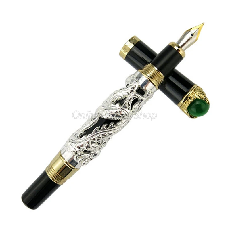 

Перьевая ручка Jinhao Dragon King с перьевым наконечником, 18KGP M, Металлическое Тиснение, зеленые украшения сверху, серебристая ручка для рисования с чернилами JF004