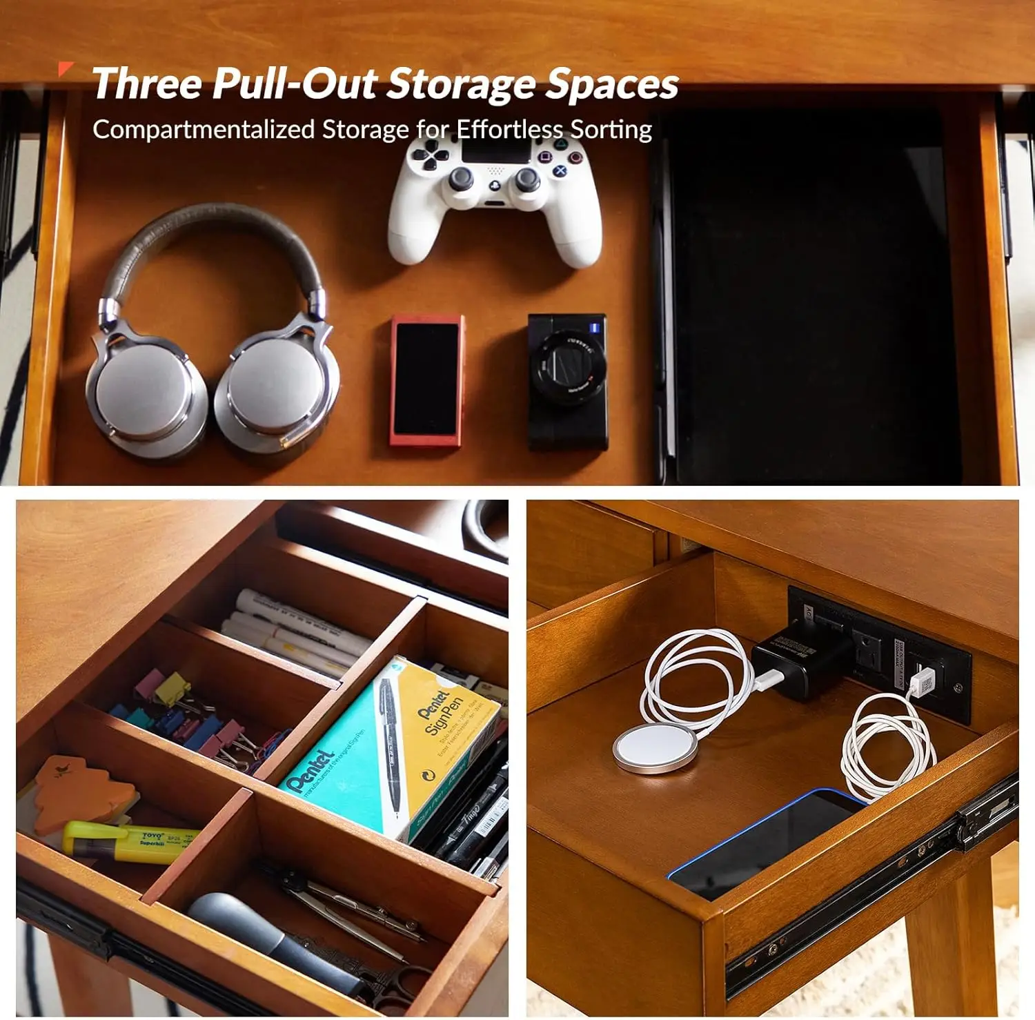 Hulala Home Home Office Desk With 3 Drawers & Solid Wood Legs, Writing Table With Charging Station & Cable Management, Mid