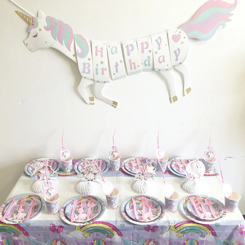Birthday Party Supplies New Children&rsquo;s Rainbow Unicorn Birthday Party Disposable Tableware Set Paper Cup Paper Towel Unicorn Balloon Party Decoration