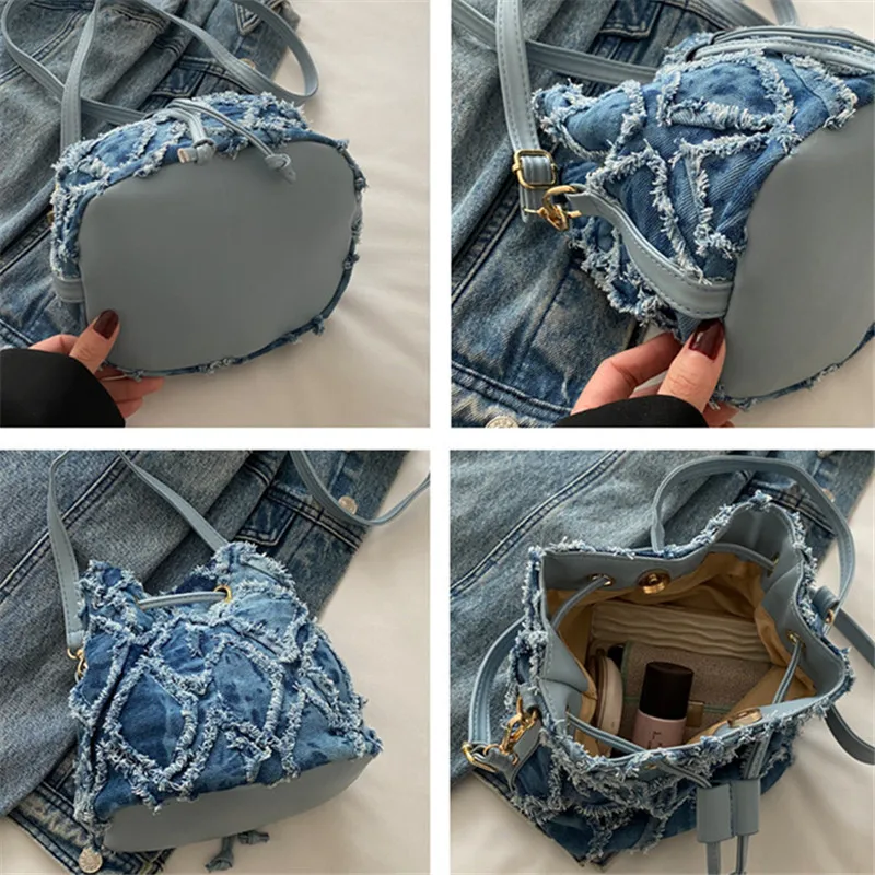 Mini Bucket Style Denim Bags for Women Stylish Drawstring Bag, New Bucket Cell Phone Bag, Versatile Women's Shoulder Cross Bags