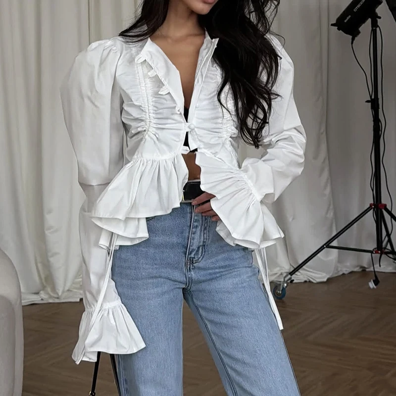 Spring Summer New Women's Solid Commute Shirts Casual Hollow Out Tie Up Vacation Tops Fashion Irregular Lace Long Sleeve Blouse