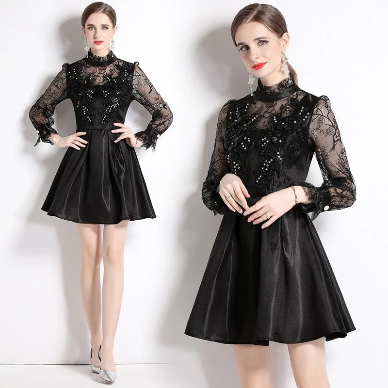 

Elegant French Black Color Hepburn Dresses Sexy Lace Patchwork Hollow Out Embriodery Tunic High Waist Mini Nail Bead Vestidos