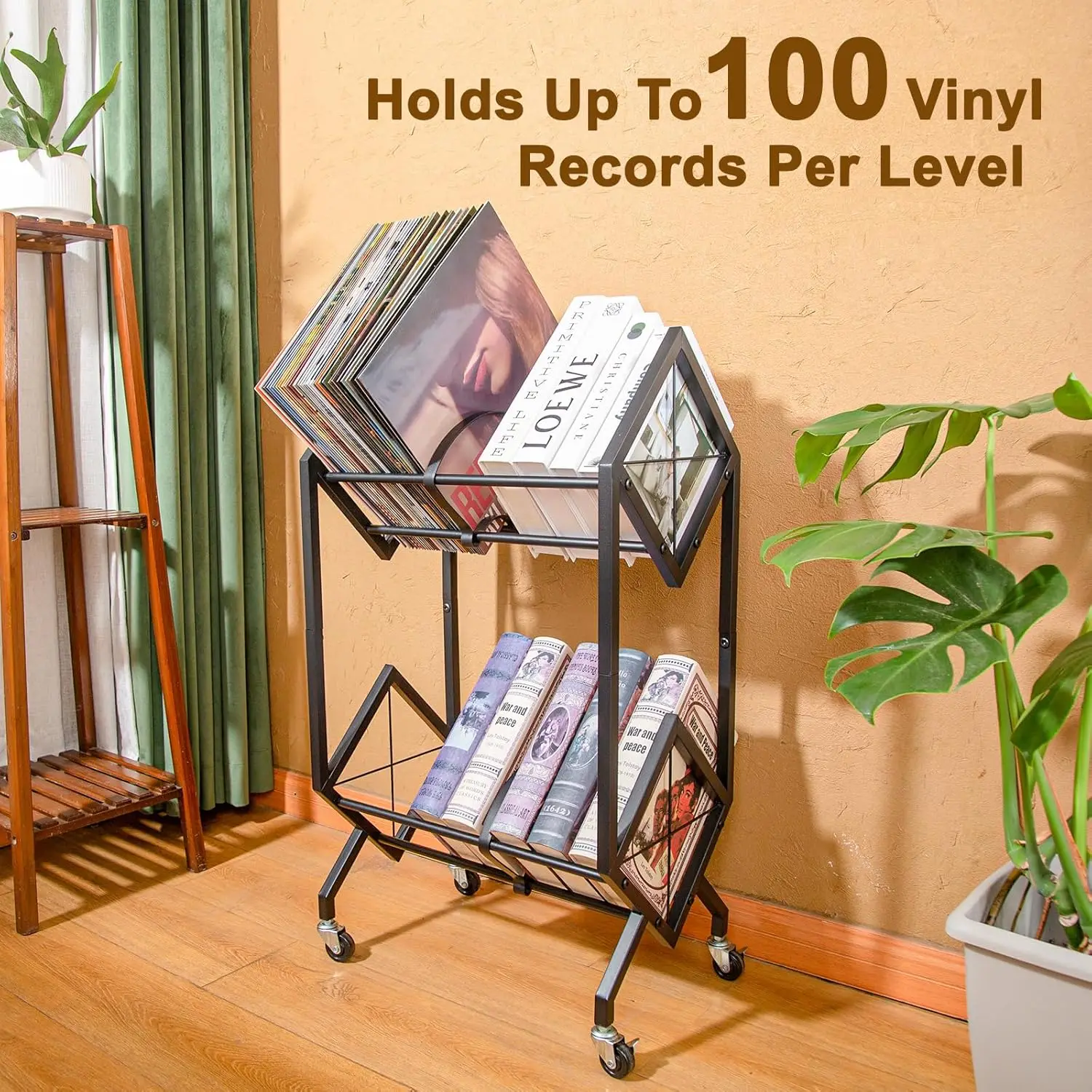 Vinyl Record Storage Rack, 2 Tier Record Organizer With Wheels, 200 Lp Albums Storage Rack Shelf, Metal Records Display Shelf 5
