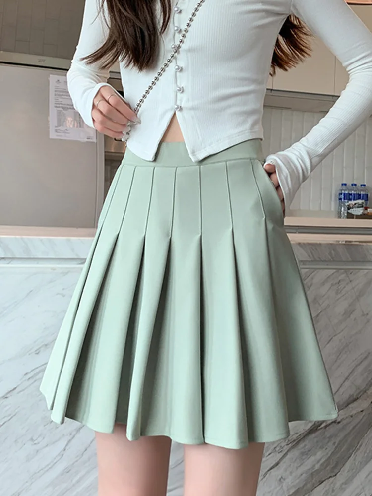 Mini Summer Casual Short Skirts for Women Pocket Design Pleated Skirt Solid High Waist School Uniform Black