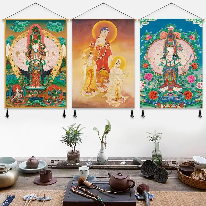

Настенные картины в китайском стиле Bodhisattva, винтажный Декор для комнаты, настенный художественный постер, молитвенный фэншуй, декоративные картины для гостиной